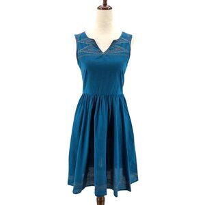 Mata Traders Womens Small Dress Embroidered Mini A-Line Pockets Blue Boho Hippie